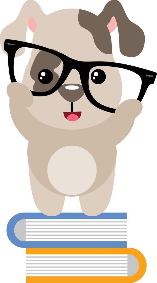 Puppy student holding glasses on top of books vector