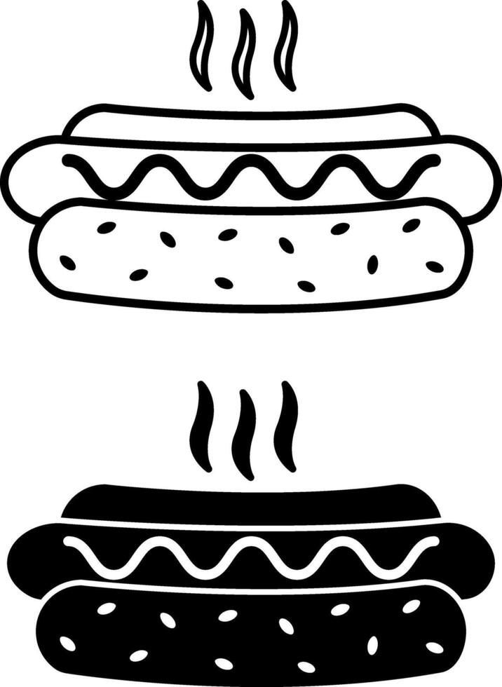Hot Dog Icons. Black and White Illustration. Hot Bun with Sausage and Ketchup. Tasty Food. Fast Food Concept vector