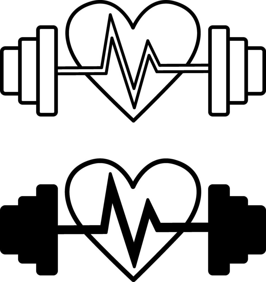 Gym Icons. Black and White Illustrations. Pulsating Heart and Barbell. Workout, Fitness. Sports Concept vector