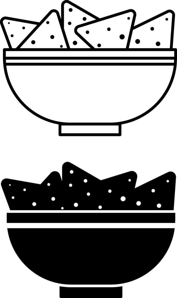 Nachos Icons. Black and White Illustration. Corn Chips in a Plate. Mexican Cuisine Snack, Tasty Food. Fast Food Concept vector
