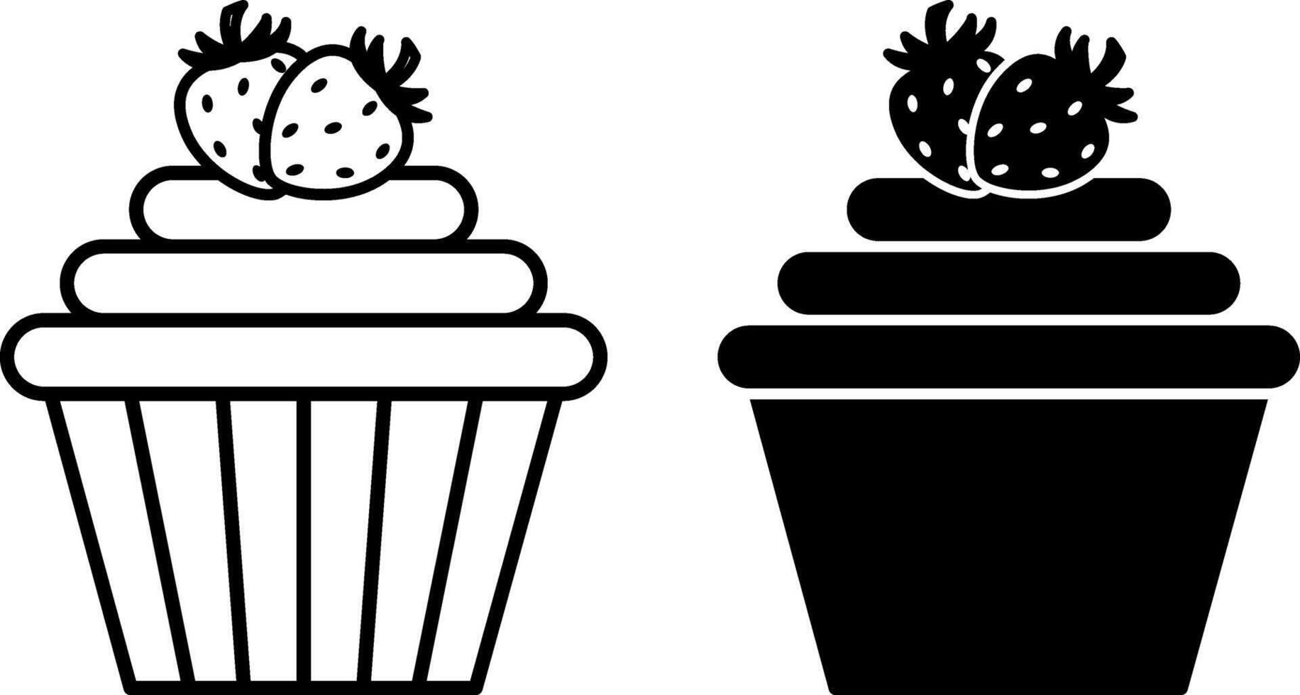 Cupcake Icons. Black and White Illustrations. Edible Sweet Cookies Decorated With Strawberries. Tasty Food. Fast Food Concep vector