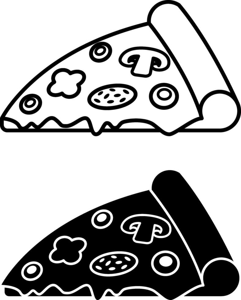 Pizza Icons. Black and White Illustrations. A Slice of Pizza with Cheese, Paprika, Sausage, Mushrooms, and Olives. Tasty Food. Fast Food Concept vector