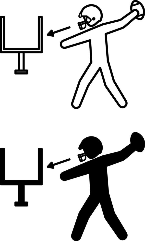 American Football Icons. Black and White Illustrations. Sportsman Trying to Score a Ball into the Goal. Man with Helmet and Football. Sports Concept vector