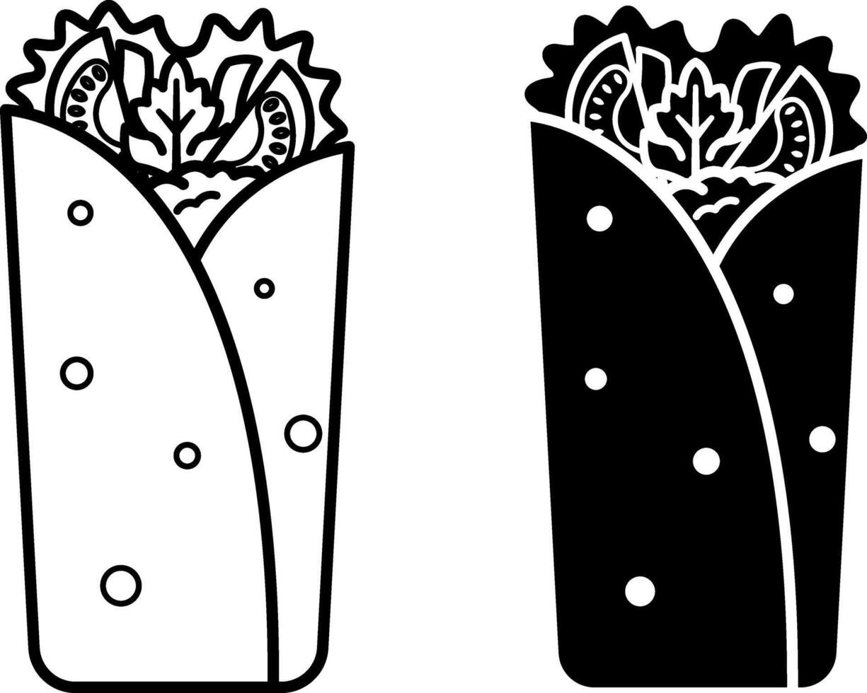 Burrito Icons. Black and White Illustrations. Wrapped Wheat Tortilla. Meat, Tomato, and Greens Filling. Tasty Food. Fast Food Concept vector
