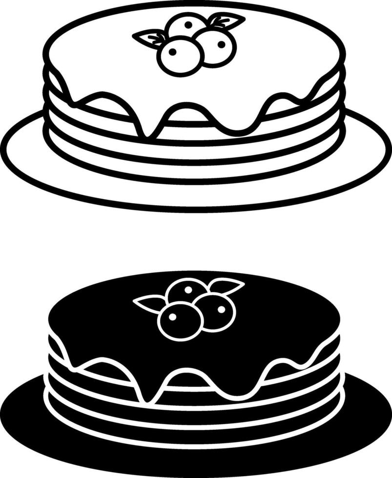 Pancakes Icons. Black and White Illustration. Thin Fried Round Flatbreads with Sour Cream and Blueberries. Tasty Food. Fast Food Concept vector