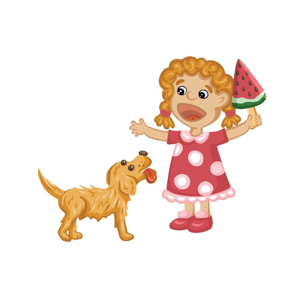 Little girl excitedly showing watermelon ice cream to dog. vector