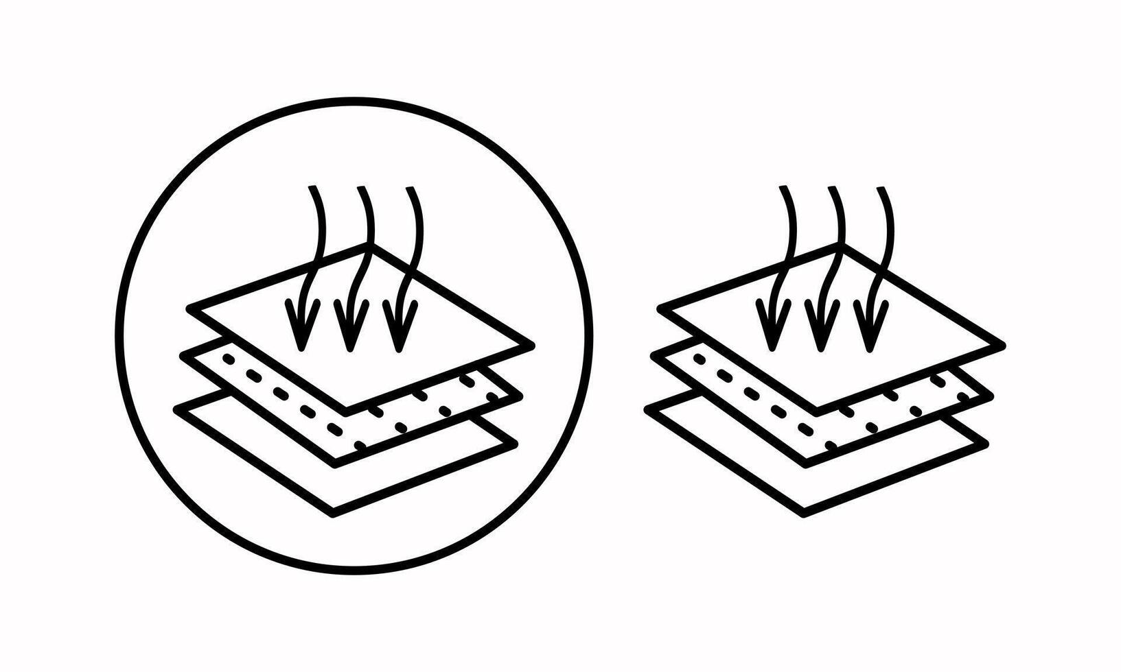 A breathable material icon with a down arrow. The three-arrow icon indicates a breathable material or leather. Contour icons. Breathable material. For web design and infographics. vector
