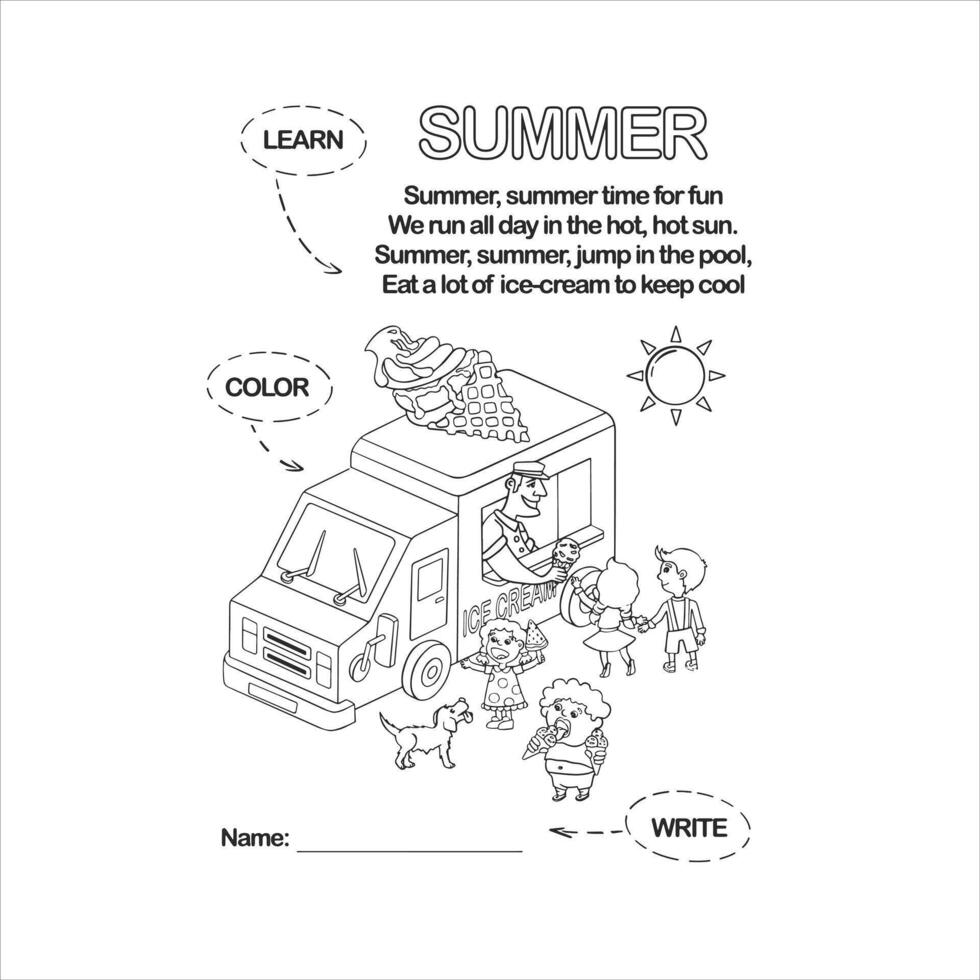 Summer coloring page with ice cream truck and fun elements. vector