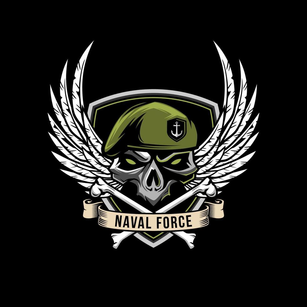 Military Skull Wearing Beret and wings illustration logo. Design element for logo, label, sign, emblem. vector