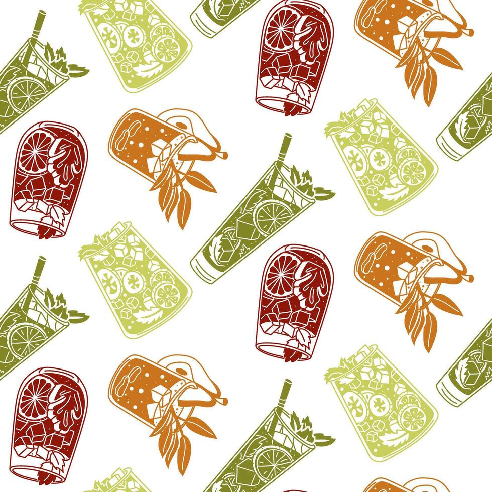 pattern with soft drinks is red, green, and orange. The texture of juicy drinks. Silhouettes of glass glasses with iced drinks. Seamless texture of drinks on white. Printing for menu packaging, bar vector