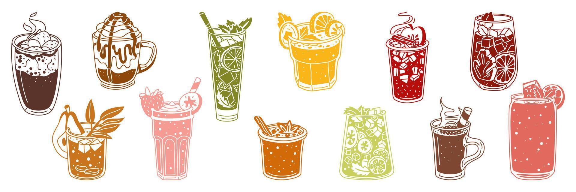 set of glasses with bright drinks on a white background. The texture of juicy drinks. Silhouettes of glass glasses with drinks. Soft drinks on a white background. collection for cafes and restaurants vector