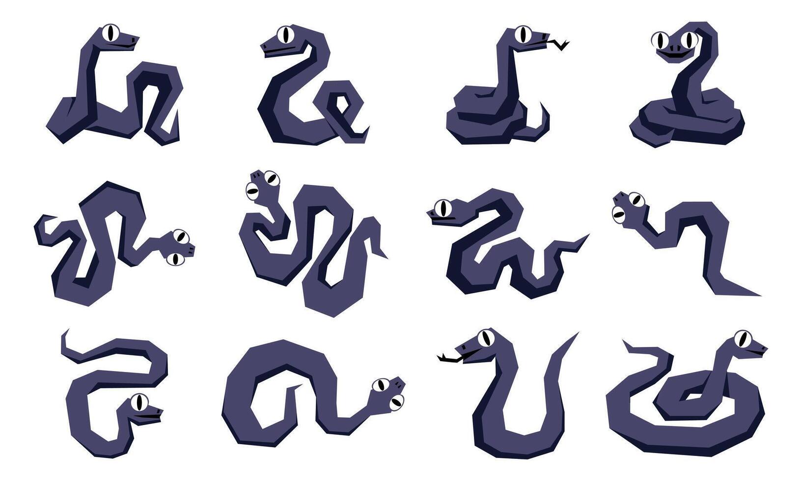 set of Future Dusk snakes of 2025, geometrically crawling from above. Isolated geometric snakes writhing in different poses. illustration in flat style. Animals of 2025 with different textures vector