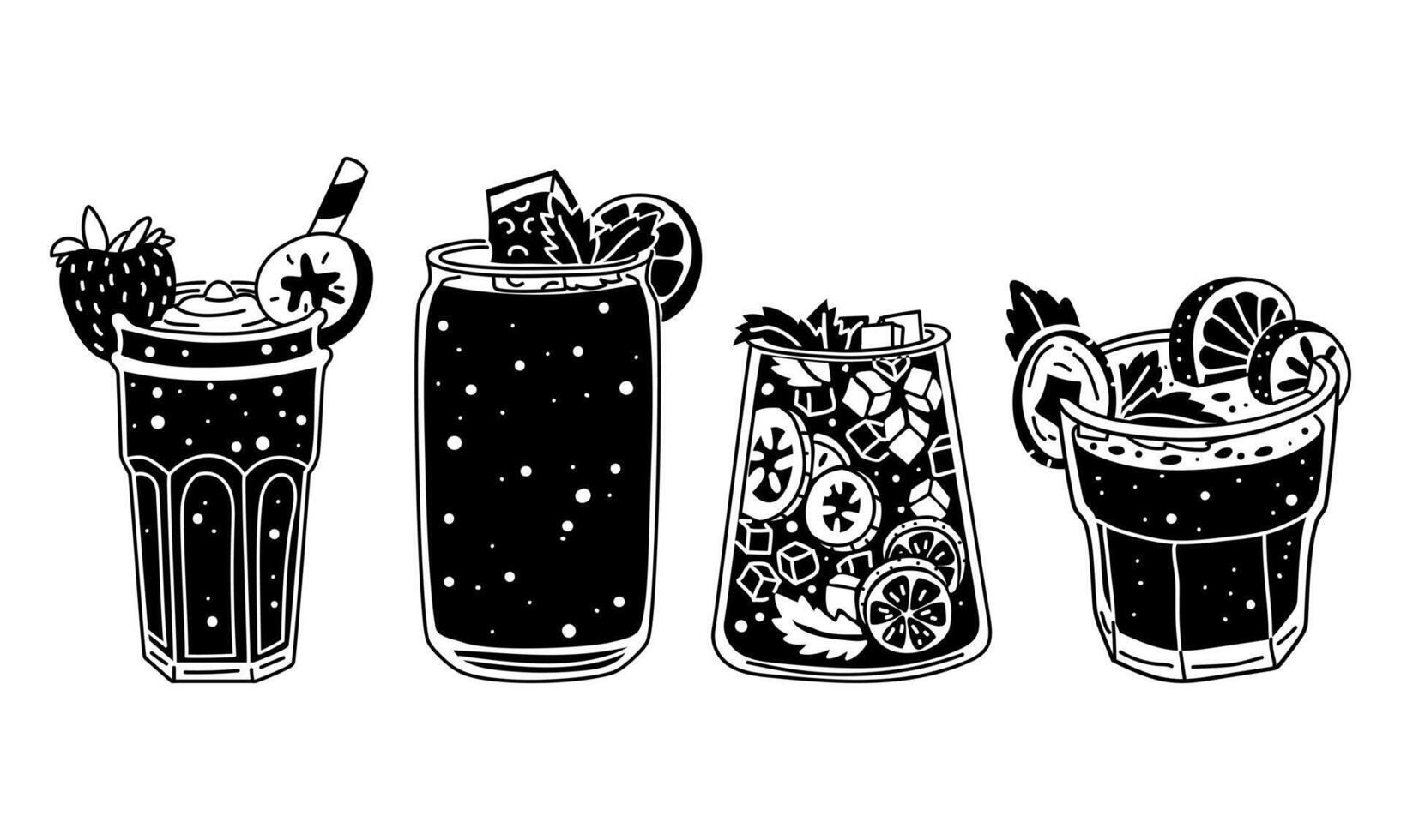 set of silhouettes of black drinks on a white background. Seamless texture of drinks for bar, restaurant. the glasses are randomly placed. cozy drinks. Printing for menus on packaging, paper vector