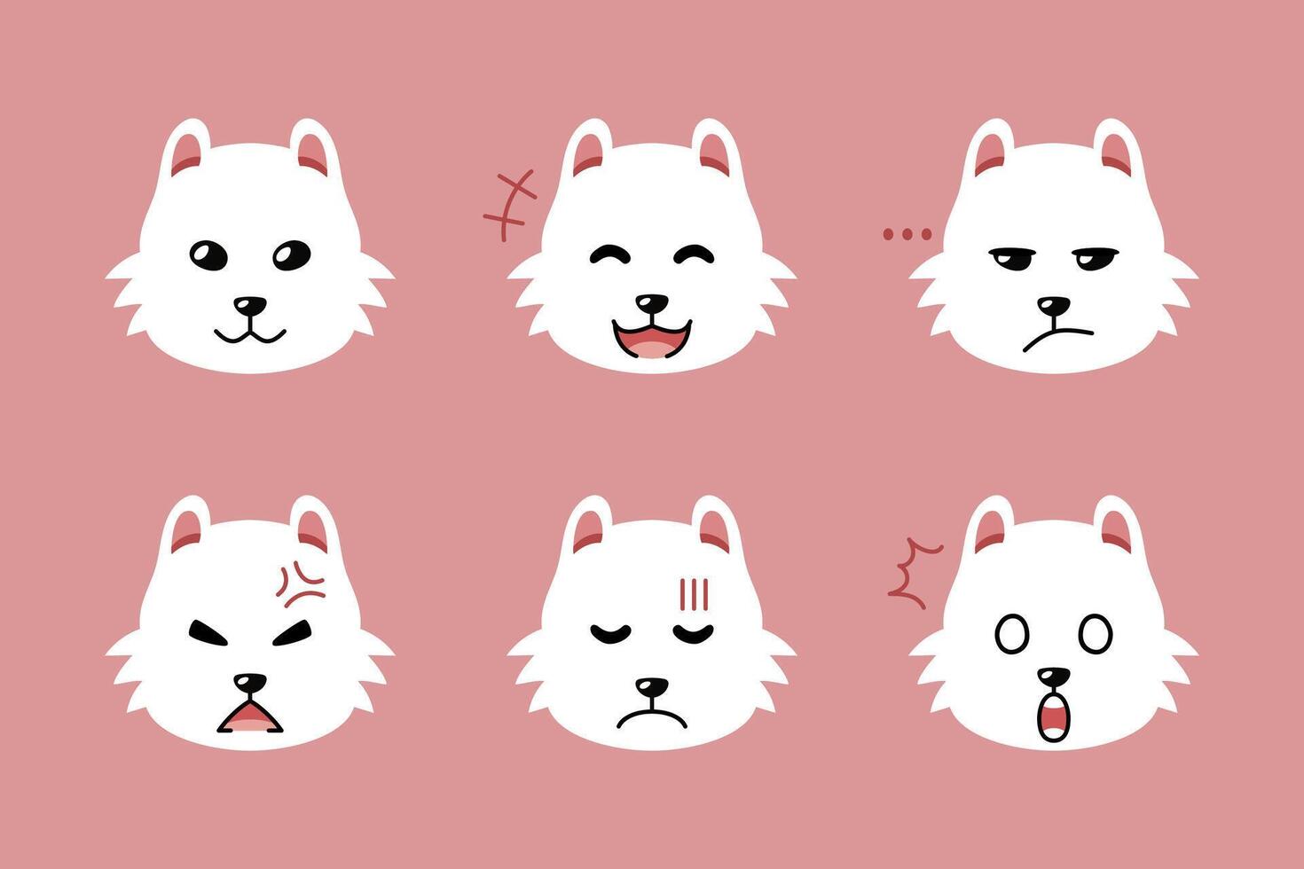Set of cute character white dog faces showing different emotions vector