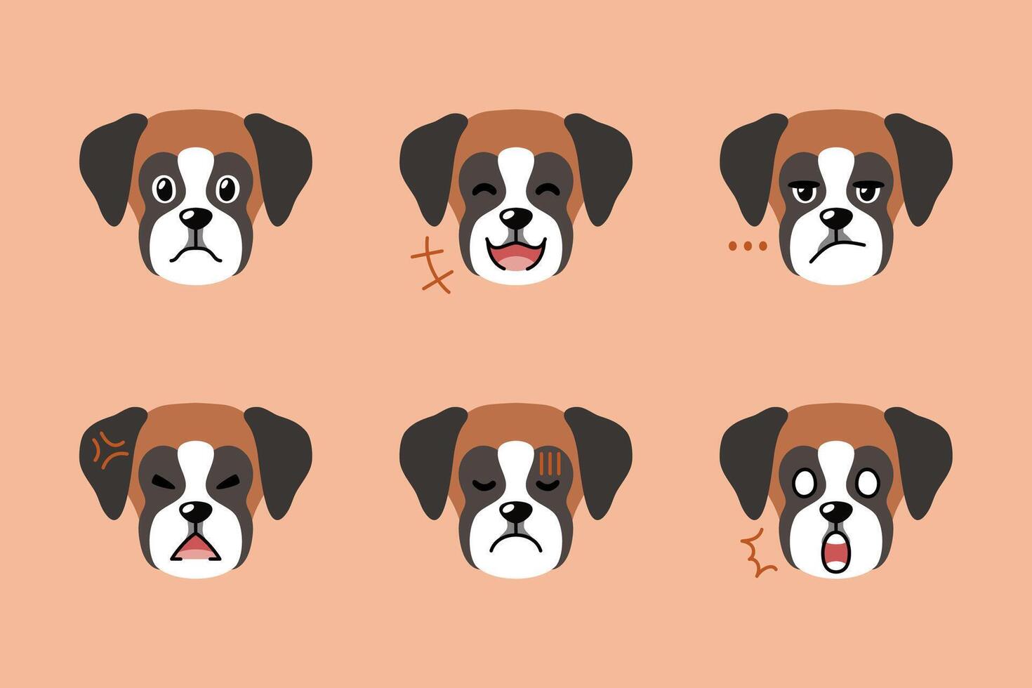 Set of cute character boxer dog faces showing different emotions vector