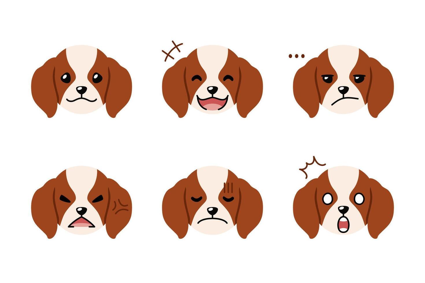 Set of cute character cavalier king charles spaniel dog faces showing different emotions vector
