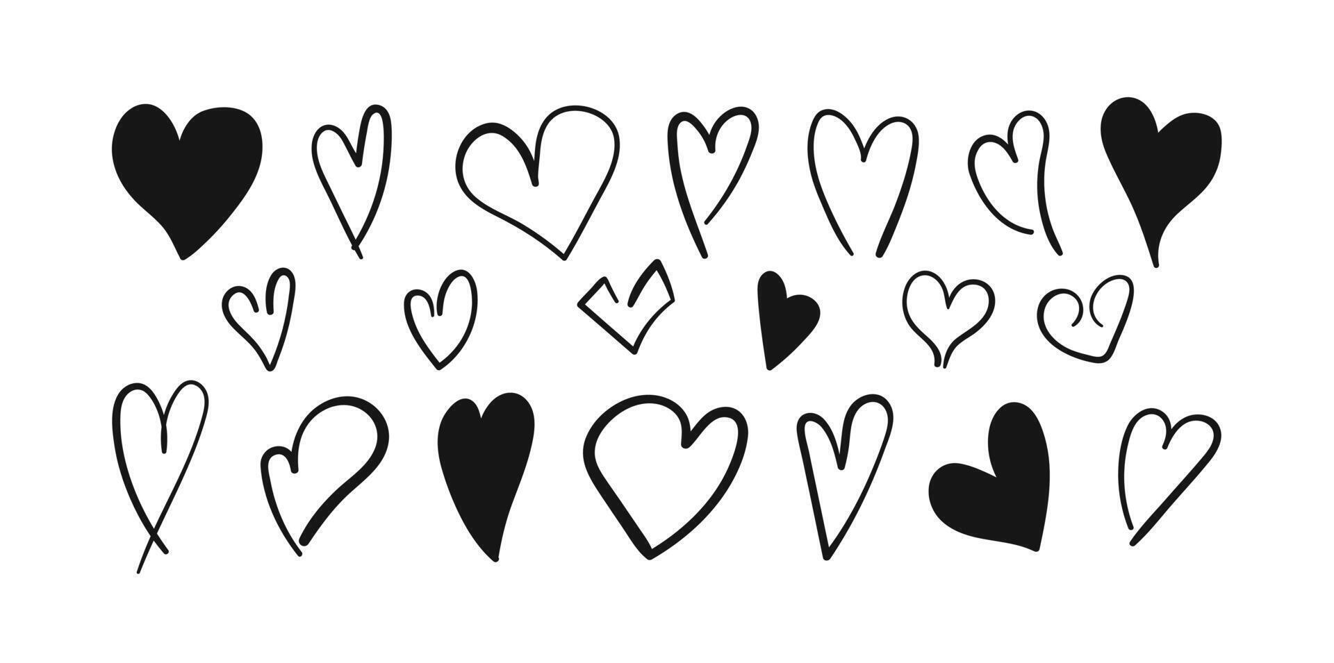 Black Hearts shape hand drawn set. Doodle minimalist outline icons isolated on white background. For poster, wallpaper and Valentine's day greeting cards. vector