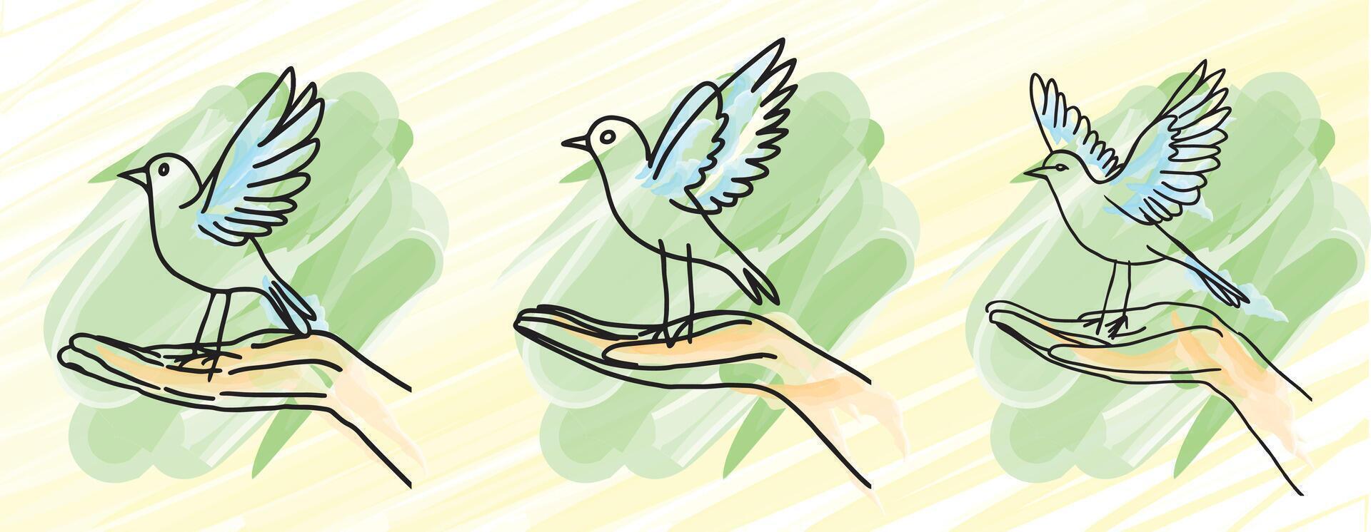Bird Taking Flight from Hand drawing illustration line art watercolor vector