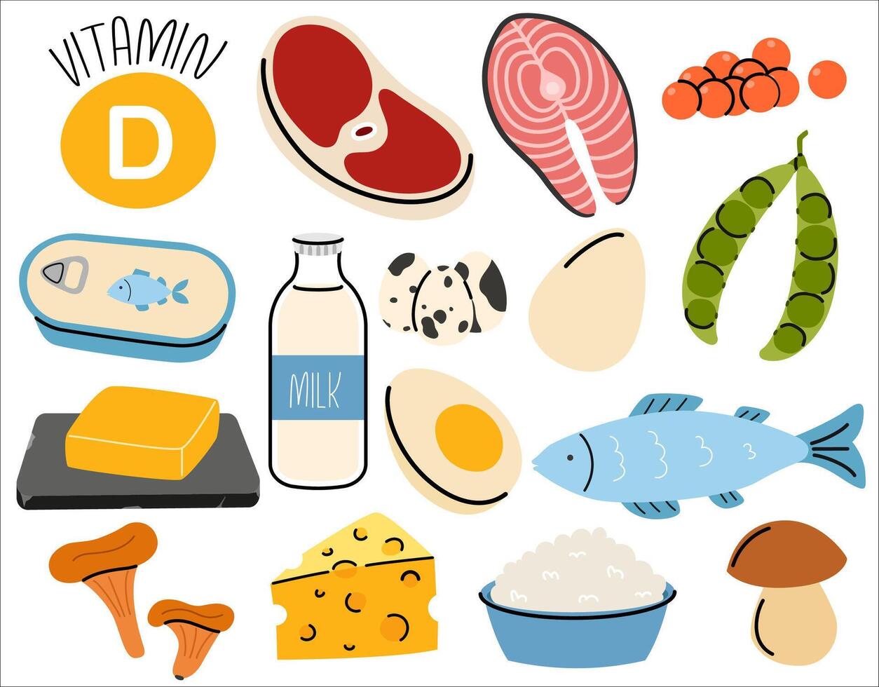 Groups of healthy products containing vitamin D. Set of fruits, vegetables, meats, fish and dairy products vector