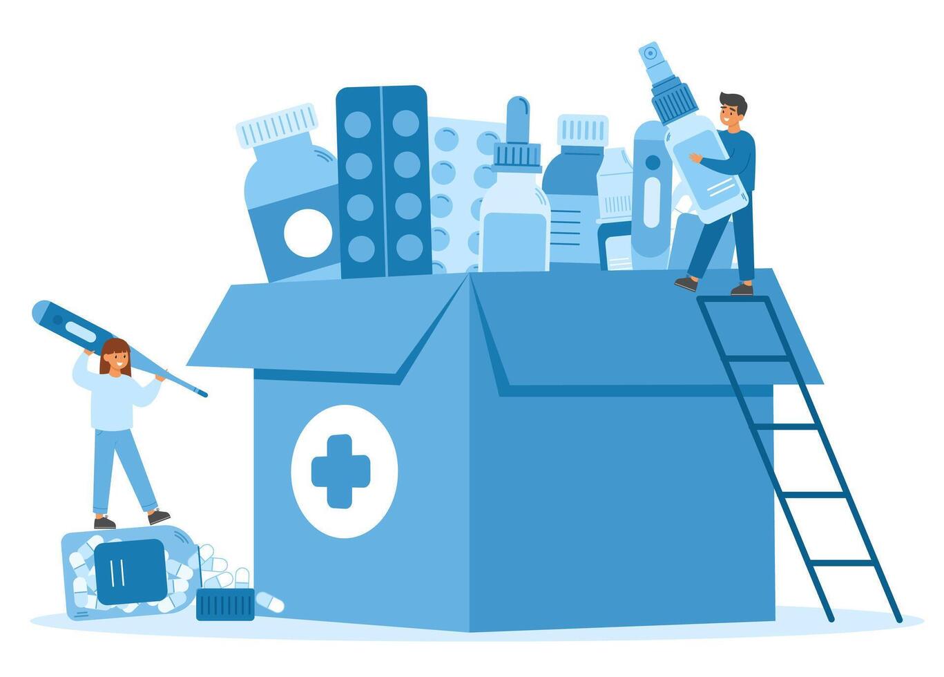 Large medical box filled with essential medicines, bottles, and pills. Healthcare concept with people managing a stock of pharmaceutical supplies vector