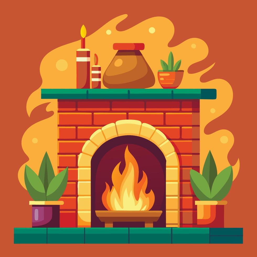 Fireplace with potted plants and candles on a brown background vector
