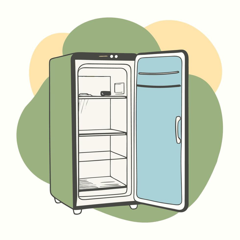 An open refrigerator with a door open vector