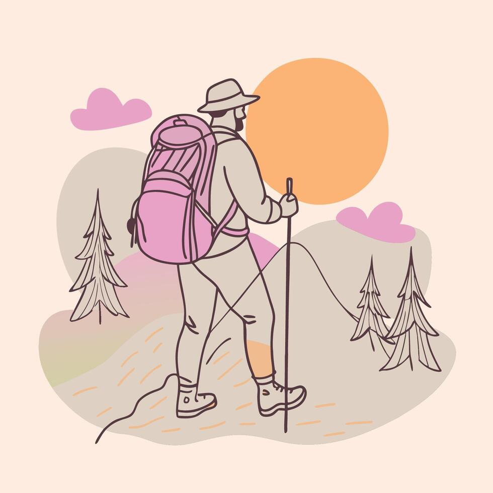 A man with a backpack and hiking poles is walking in the mountains vector
