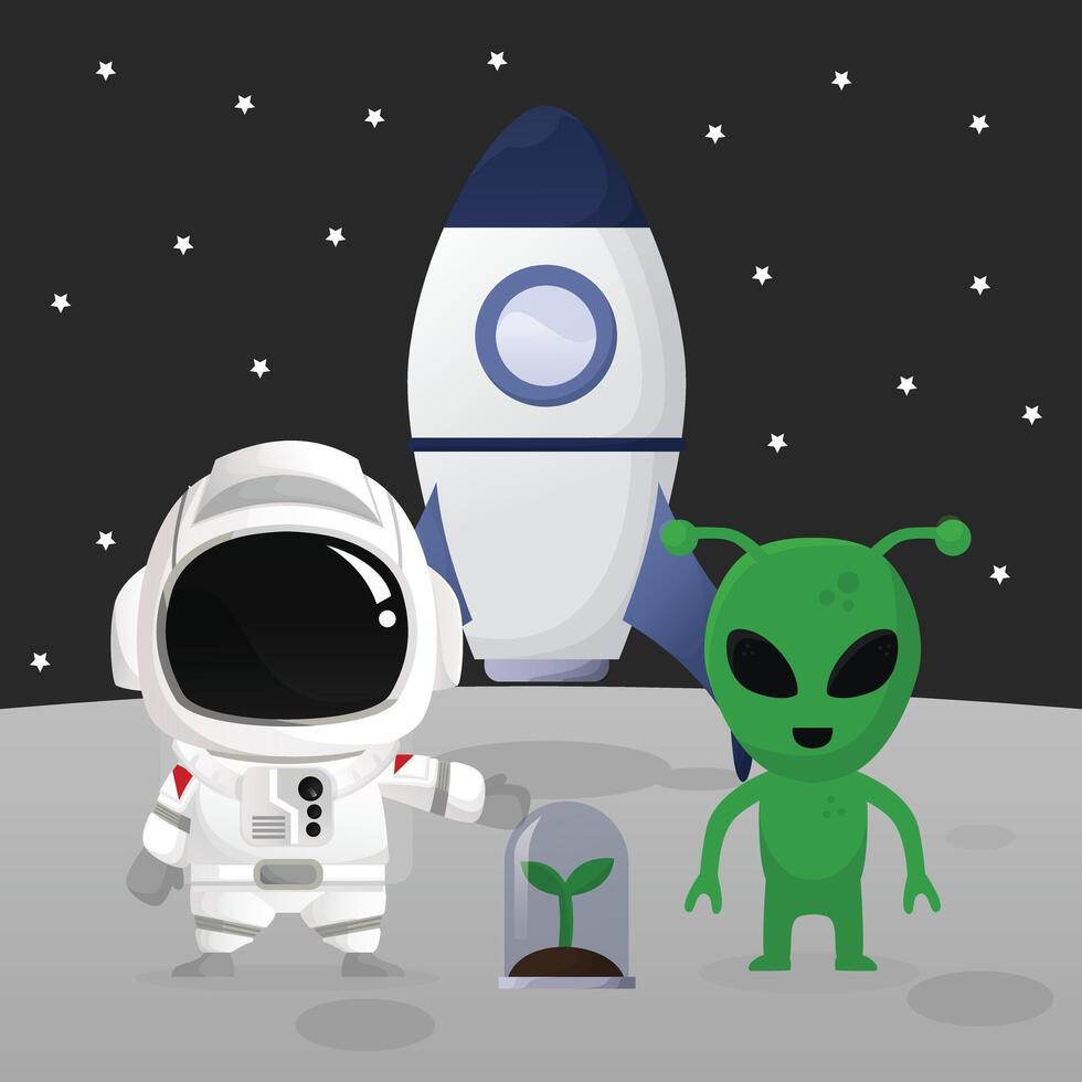 Astronaut landing in the moon with rocket meeting alien give plant chibi cute flat art simple illustration big head with detail and moveable part perfect for kids book cover or design asset vector