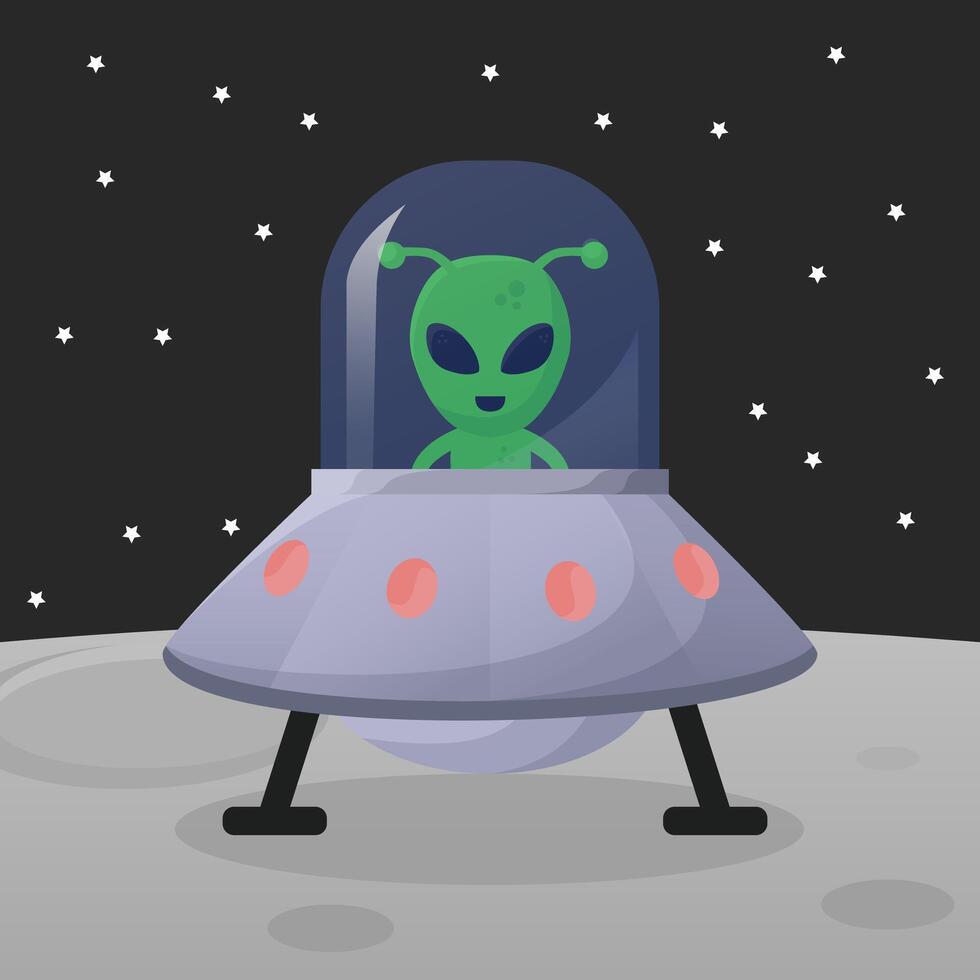 Alien ridding UFO in space moon chibi cute flat art simple illustration big head with detail and moveable part perfect for kids book cover or design asset vector