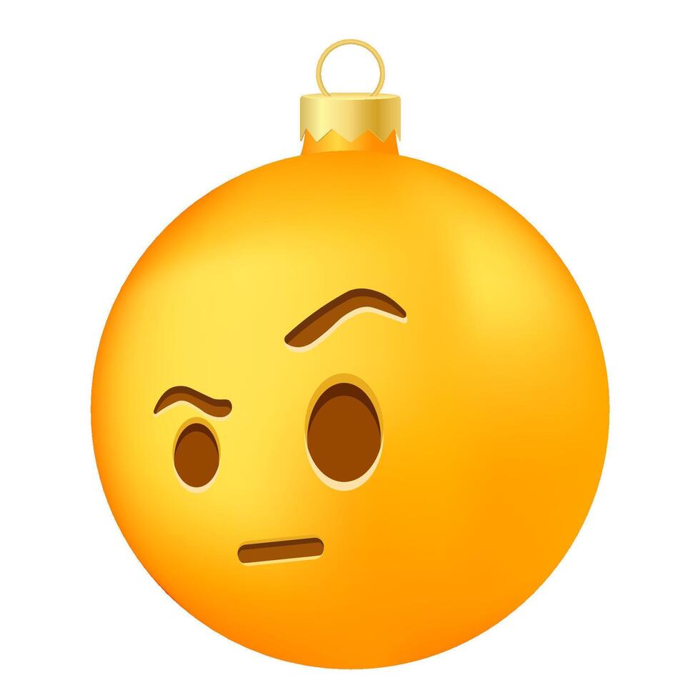 Emoji Christmas tree ball or toy with one eyebrow raised face vector