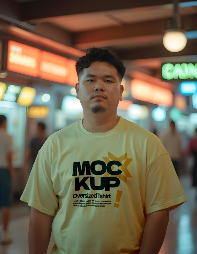 man with yellow t-shirt oversized mockup psd