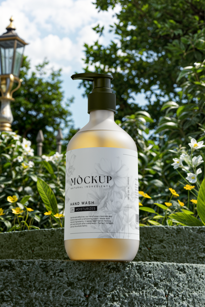 Hand soap bottle mockup in outdoor garden setting psd