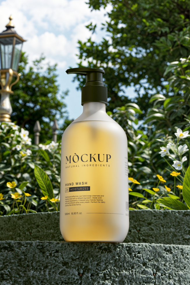 Transparent hand soap bottle mockup in outdoor garden setting psd