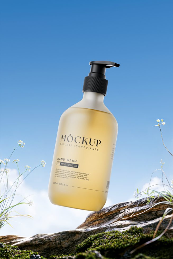 Transparent hand soap bottle mockup with blue sky background psd