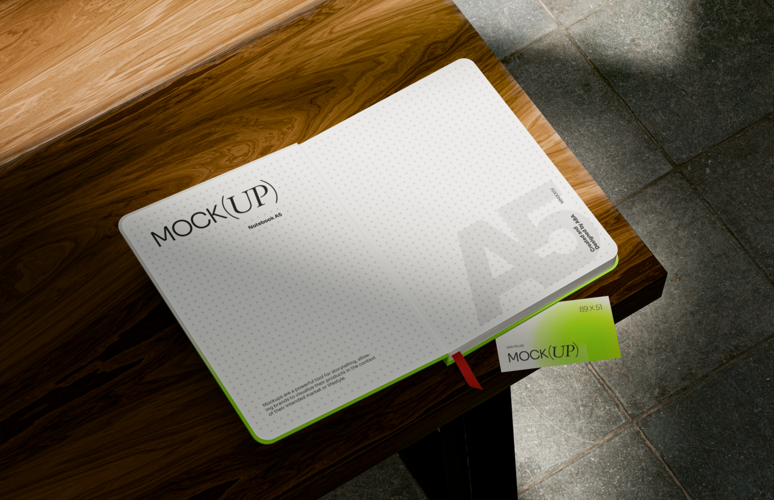 Open notebook mockup on wooden table psd
