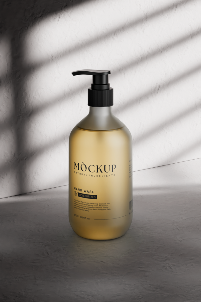 Mockup of transparent hand soap bottle in the room psd