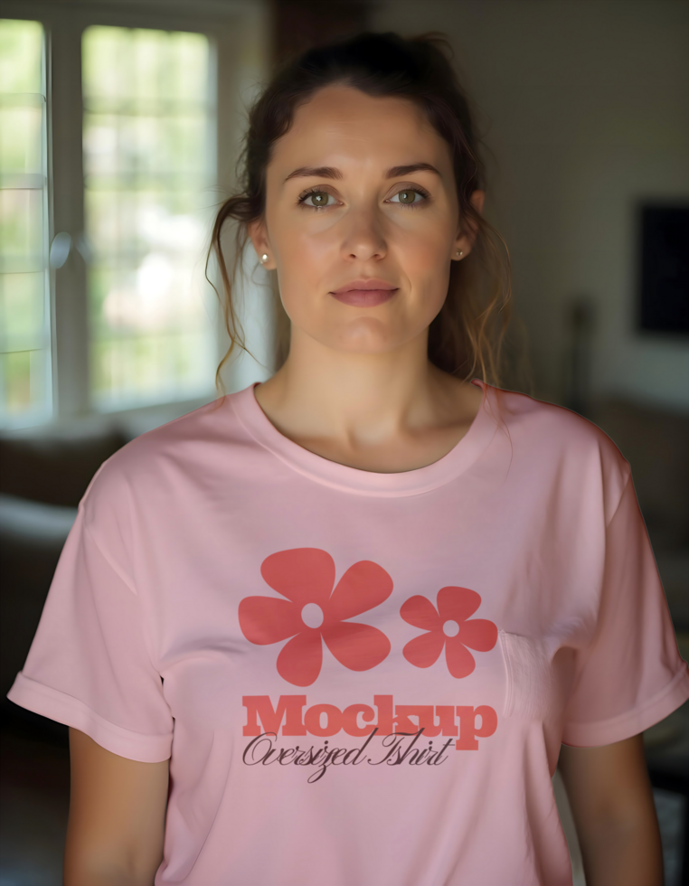 girl with pink flower t-shirt oversized mockup psd