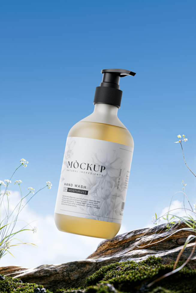 Hand soap bottle mockup with blue sky background psd