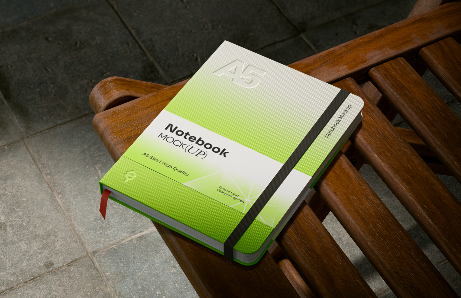 A5 Notebook mockup on wooden bench psd
