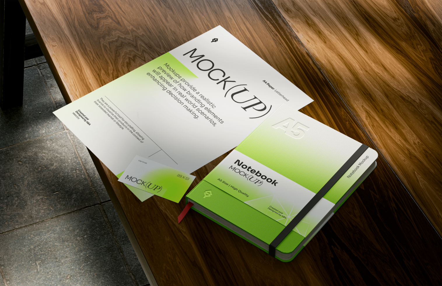Realistic stationery mockup with A5 notebook and letterhead on wooden table psd