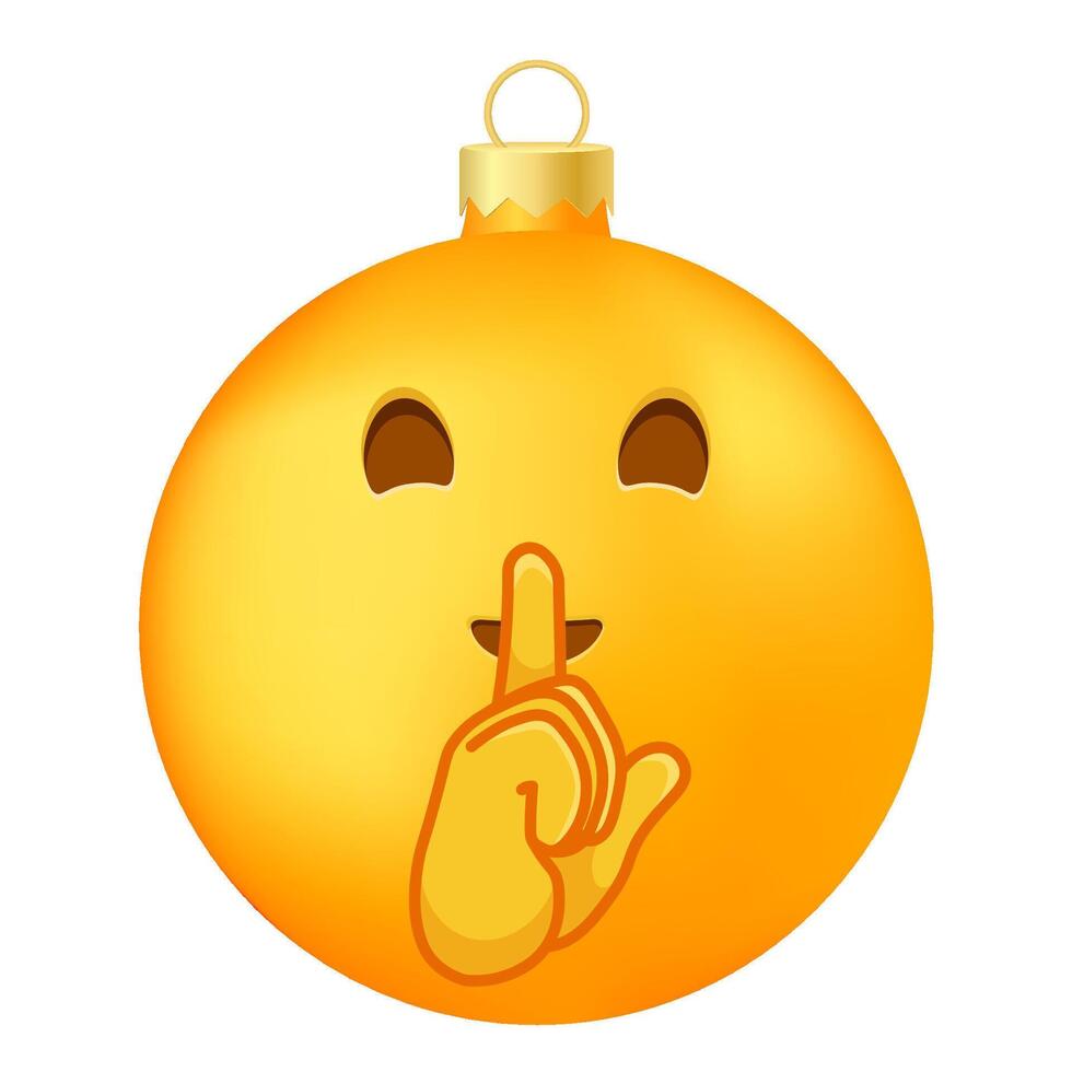 Emoji Christmas tree ball or toy with index finger at lips face vector