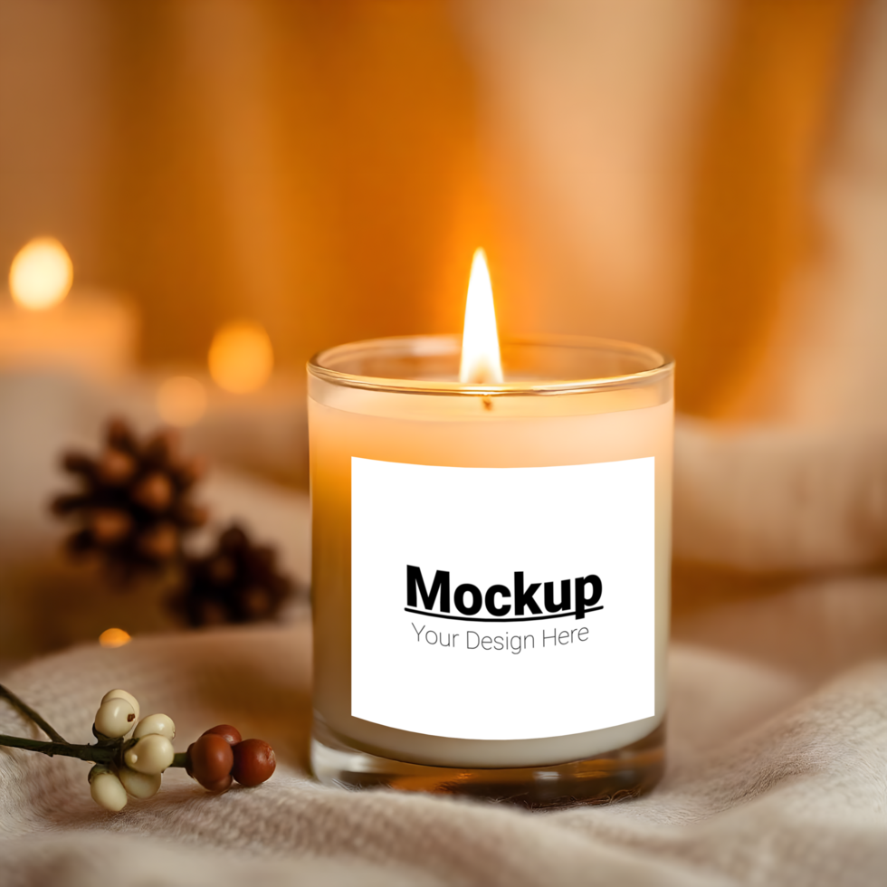 Candle Label Display Mockup on a Cozy Fabric Background psd