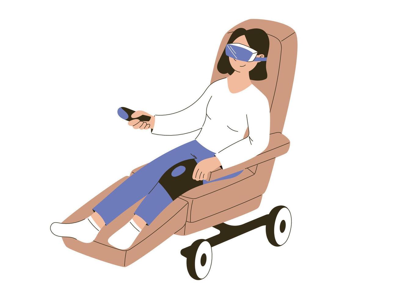 Patient Using VR Therapy in Reclining Chair for Rehabilitation or Relaxation. isolated cartoon flat woman illustration. vector