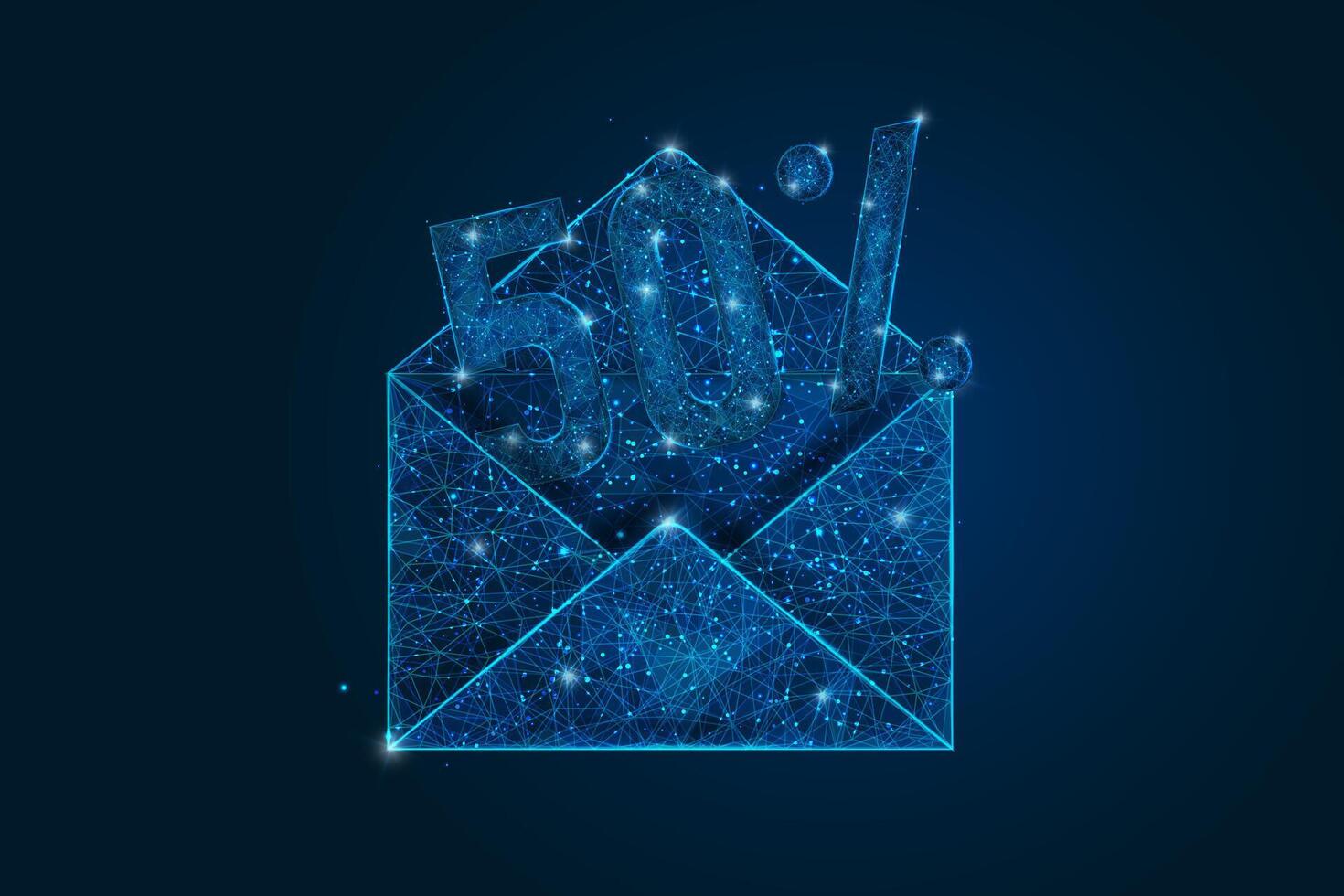 Abstract isolated image of a letter, mail or message with 50 percent discount. Polygonal illustration looks like stars in the blask night sky in spase or flying glass shards. vector