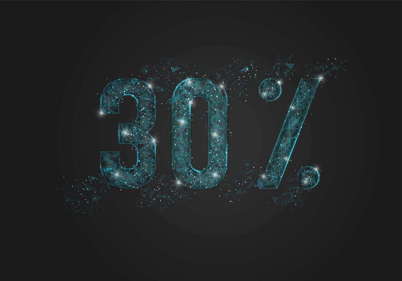 Abstract isolated blue 30 percent sale concept. Polygonal illustration looks like stars in the black night sky in space or flying glass shards. Digital design for website, web, internet. vector