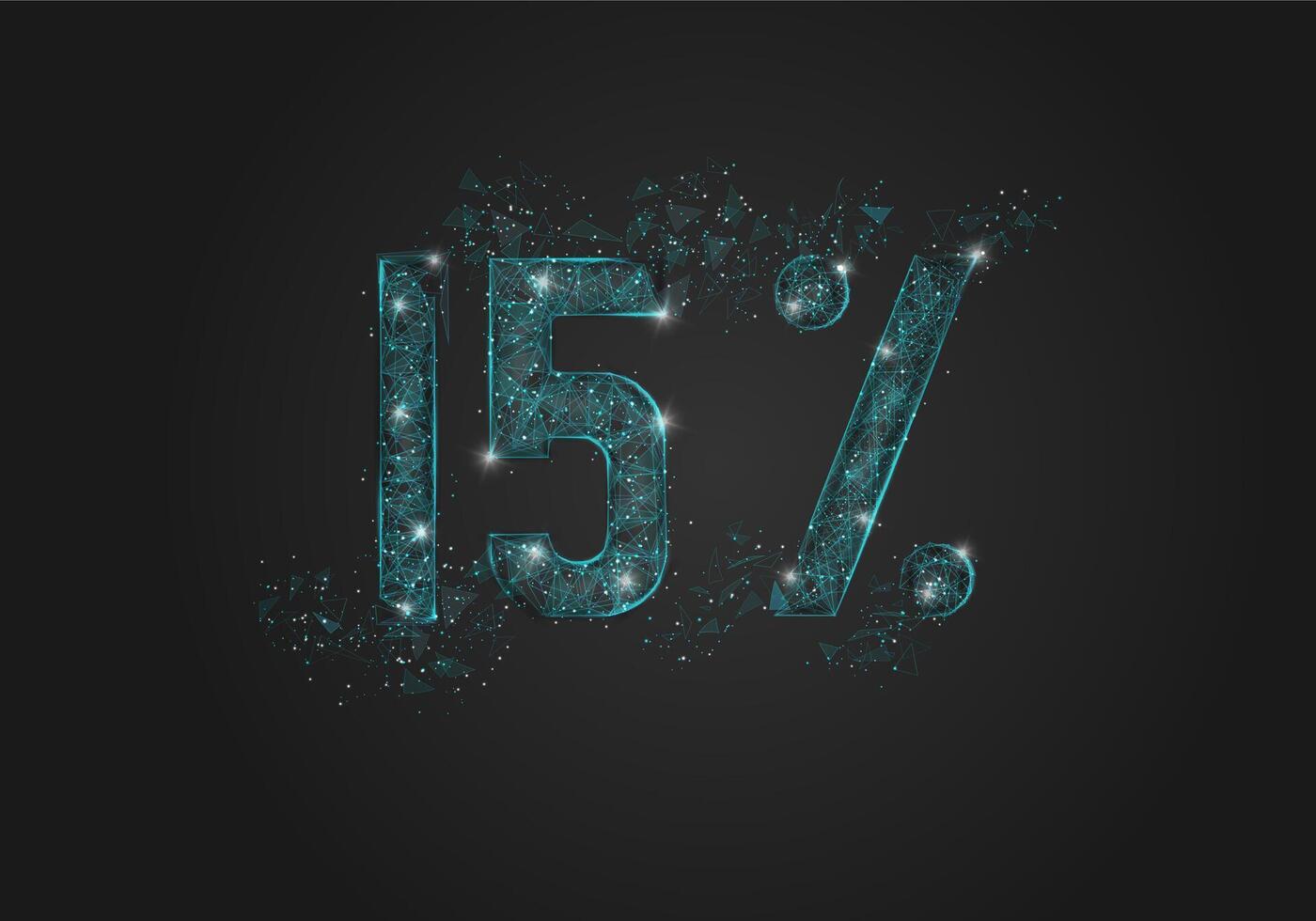 Abstract isolated blue 15 percent sale concept. Polygonal illustration looks like stars in the black night sky in space or flying glass shards. Digital design for website, web, internet. vector