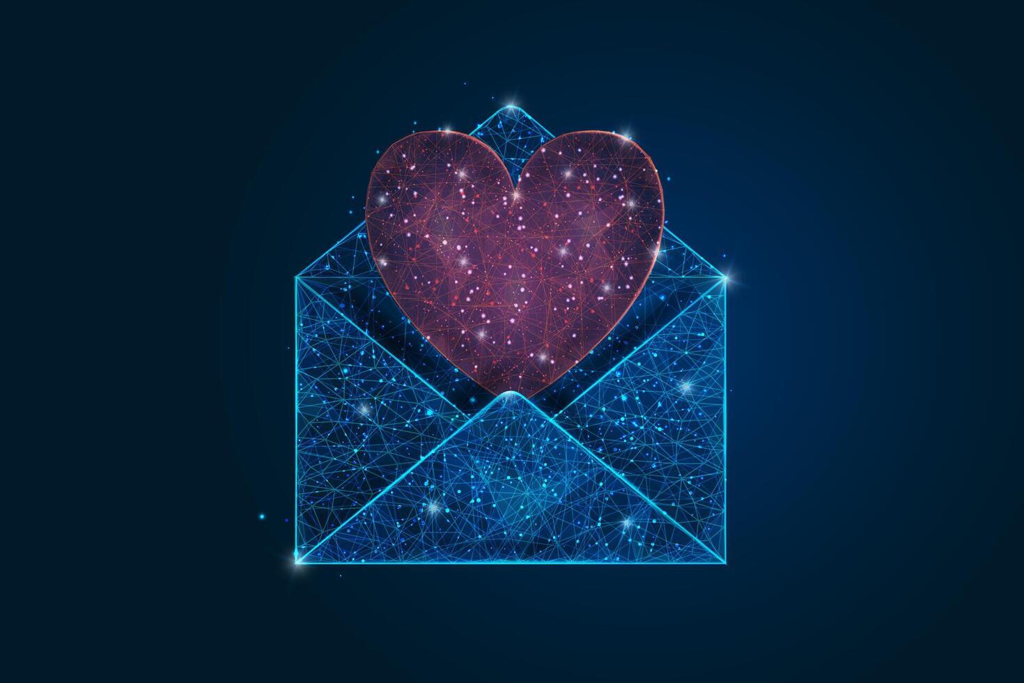 Abstract isolated image of a letter, mail or message with red heart. Polygonal illustration looks like stars in the blask night sky in spase or flying glass shards. vector