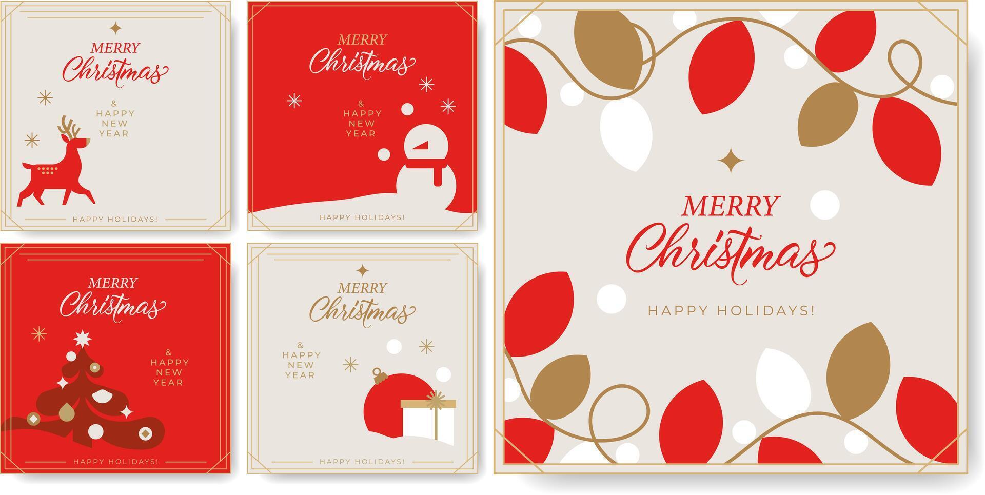 Merry Christmas and Happy New Year. A set of minimalistic greeting cards. Aesthetic Christmas design with typography, Christmas tree, snowman, deer, gifts and garland. vector