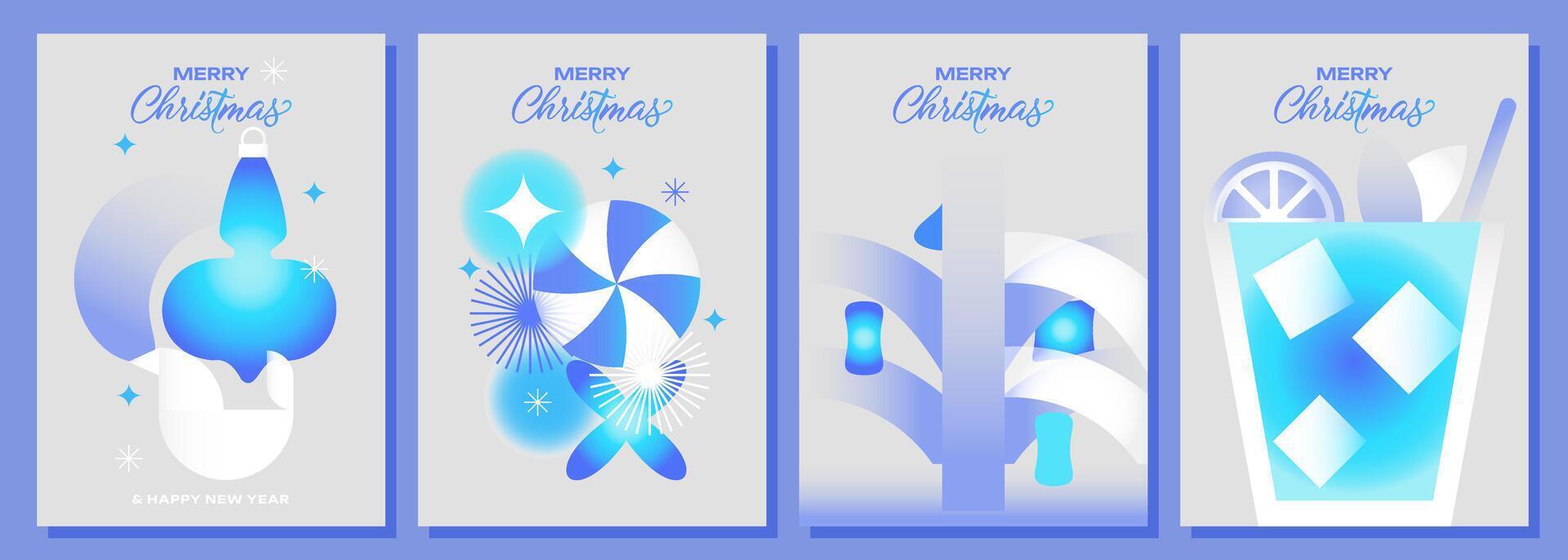 Frozen and fresh like ice. 4 Christmas cards will immerse you in the spirit of winter. Abstract designs with gradients, New Years decorations, candies, cocktails create a modern festive atmosphere. vector