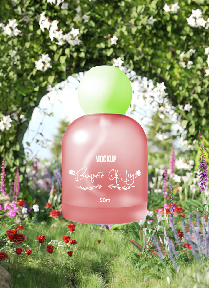 Elegant Floating Perfume Bottle Mockup in Blooming Floral Scenery close up view psd